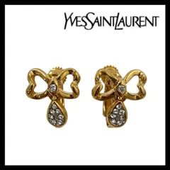 【YVES SAINT LAURENT】リボン イヤリング ゴールド/金カラー ラインストーン ジャンク品 YSL/イヴサンローラン (MM-723)