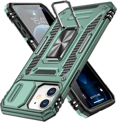iPhone 12 用 ケース リング付き スライド式カメラプロテクター付き PC 米軍MIL規格取得 耐衝撃 スタンド機能 車載ホルダー対応 擦り傷防止 滑り止め 格好いい おしゃれ 人気 アイフォン 12 用 カメラカバー シアン MDY-KJ-05-06のサムネイル