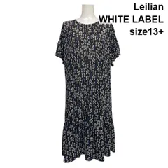 ◇ レリアンホワイトレーベル Leilian 総柄プリントワンピース サックドレス 半袖 ミディ丈 鍵 フレア 黒 13+ XL 13号 レディース S6D607