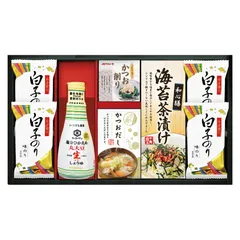 春の贈り物便り キッコーマン塩分ひかえめ生しょうゆ詰合せギフト 白子のり味のり（8切5枚）×4、キッコーマン塩分ひかえめ丸大豆生しょうゆ（200ml）･海苔茶漬け（6g×5）･かね七かつおだし（4g×5）･マルトモかつおパック（0.7g×3）×各1