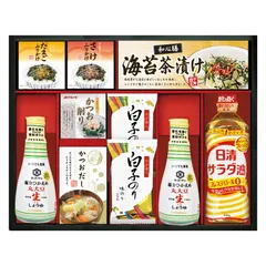 春の贈り物便り キッコーマン塩分ひかえめ生しょうゆ詰合せギフト キッコーマン塩分ひかえめ丸大豆生しょうゆ（200ml）･白子のり味のり（8切5枚）×各2、日清サラダ油（400g）･海苔茶漬け（6g×5）･かね七かつおだし（4g×5）･丸美屋（たまごふ
