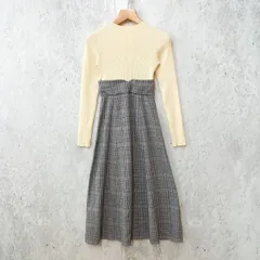 archives アルシーヴ バック レースアップ ドッキング ワンピース ハイウエスト ニット チェック柄 アイボリー グレー Mサイズ ◎_〇◇☆