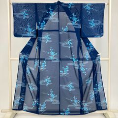 A◇着物くつろぎ 夏物 花模様 紺色 化繊 小紋 薄物 絽 紗 着物 26