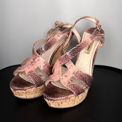 ミュウミュウ MIUMIU サンダル ウエッジソール パイソン 型押しレザー ストラップ ハイヒール レッド系 37 24cm