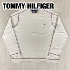 【良好】TOMMY HILFIGER トミーヒルフィガー ロングスリーブシャツ カットソー ロンT L オフホワイト 刺繍ロゴ オールドタグ ブラック 着丈70cm 肩幅44.5cm 身幅(脇下)56cm 袖丈63.5cm【古着】