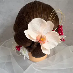 成人式☆振袖前撮り 髪飾り ヘッドドレス 胡蝶蘭 卒業式 袴 結婚式 白無垢 色打掛 ピンク 赤 水引 和装髪飾り ウエディングフォト