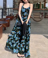 花柄 ワンピース レディース キャミワンピース ロング Aライン フレア 体型カバー ノースリーブ リゾート 夏 韓国風 大人可愛い ビーチ 旅行 CH92QRM-001