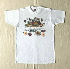 〜00s　archive　MADE IN USA　アメリカ製　FOTL　フルーツオブザルーム　向日葵　ひまわり　蝶　かご盛りフルーツ　アートグラフィック　ビッグプリント　半袖白Tシャツ　M　アメカジ　C-BOY　fruit & flower T-shirt