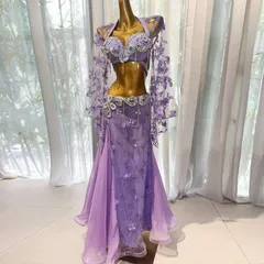 ベリーダンス レース 発表会 ステージ衣装 フォトシュート 大人っぽい ダンスウェア レディース パープル