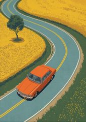 2452 아트 포스터 A2 풍경화 레트로 자동차 꽃밭 드라이브 일러스트 인테리어 회화 벽걸이 세련된 북유럽 모던 카페 리빙 침실 현관 힐링 릴렉스 신축 축하 선물 노란색