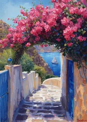 【2569】油絵風 地中海の小道 ピンクの花 ブーゲンビリア 海辺 白い家 ヨット 風景画 アートポスター インテリア 癒し 絶景 リゾート ヨーロッパ 青い扉 おしゃれ カフェ風 高画質 夏 リラックス