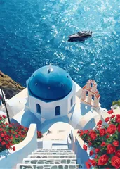 2562 アートポスター 風景画 ギリシャ サントリーニ島 青い屋根 海辺 ボート 鐘楼 赤い花 絶景 イラスト 壁掛け インテリア 北欧 モダン カフェ雑貨 韓国風 おしゃれ 模様替え A3 新築 引越し祝い プレゼント 癒し リゾート空間