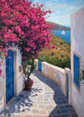 【2570】油絵風 海の見える小道 ピンクの花 ブーゲンビリア 白い家 ヨット 風景画 アートポスター インテリア 癒し 絶景 リゾート ヨーロッパ 青い扉 おしゃれ カフェ風 高画質 夏 リラックス 海辺