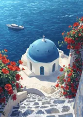 2561 アートポスター 風景画 ギリシャ サントリーニ島 青い屋根の教会 綺麗な海 ヨット 赤い花 絶景 イラスト 壁掛け インテリア 北欧 モダン カフェ 韓国雑貨 おしゃれ 模様替え A3 新築祝い プレゼント 癒し リゾート 海辺 絵