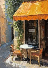 【2575】ヨーロッパ 路地裏 カフェ アートポスター 風景画 オレンジのオーニング テラス席 油彩風 壁掛け インテリア おしゃれ 北欧 モダン レトロ アンティーク リビング 寝室 引越し祝い 新築祝い A2サイズ