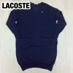 【美品】 LACOSTE ラコステ Vネック ウール ニットワンピース ロング丈 サイズ36 ネイビー 濃紺 青ワニ ポケット付 総丈89cm 肩幅59cm 身幅(脇下)56.5cm 袖丈45cm【古着】