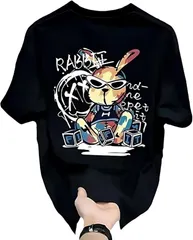カロモンテ メンズ tシャツ 半袖 ヒップホップ バニー うさぎ ロゴ 夏服 男女兼用 おもしろ トップス 春 ウサギ 兎 可愛い おしゃれ (ブラック,  XL)