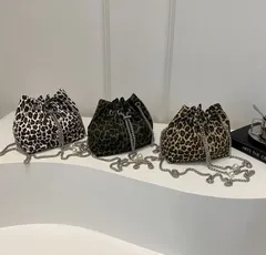 レディース レオパード柄 ミニバケツバッグ チェーンショルダーバッグ 巾着バッグ 斜め掛け おしゃれ