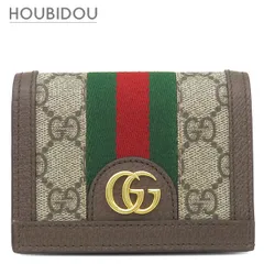 グッチ GUCCI 二つ折り財布 オフィディア GG カードケース GGスプリームキャンバス レザー ベージュ×エボニー ゴールド金具 ウェブ ストライプ  523155 【箱】【中古】