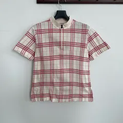 BURBERRY レッド CHECK 쿼터 ジップアップ 半袖 Tシャツ