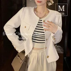 toasoa ツイード ジャケット レディース ノーカラー フォーマル 長袖 ショート丈 セレモニー 上品 きれいめ カジュアル 韓国 オフィス スーツ ツィード 裏地なし 卒業式 入学式 短め 金ボタン (ホワイト,  M)