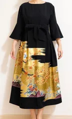 一点物 着物リメイク ロングワンピース ドレス 黒留袖 正絹 金彩 枝梅飛鳥文