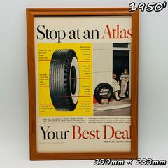 広告　ビンテージ　フレーム付　ポスター　『 アトラス タイヤ (ATLAS) 』　アドバタイジング　アメリカ　1950's　※当時物　輸入雑貨　オリジナル　ヴィンテージ　( AZ1682 )