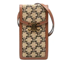 セリーヌ トリオンフ 斜め掛け ショルダーバッグ モバイルポーチ ベージュ ブラウン キャンバス レザー レディース CELINE【1-0264819】
