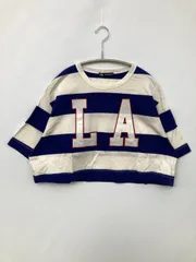 ZARA ザラ Tシャツ/カットソー USA S ブルー ボーダー柄 前面プリント ブランドロゴ ショート丈 半袖 クルーネック(丸首)