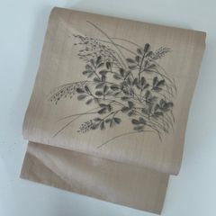 夏帯　正絹　絽綴れ　名古屋帯　茄子　コオロギ　ススキ　クリームイエロー　#911 夏帯 正絹 絽綴れ 名古屋帯 茄子 コオロギ ススキ クリームイエロー