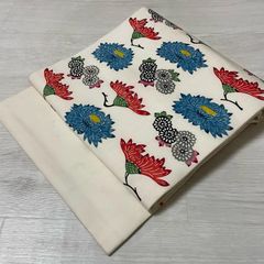 R54未着用名古屋帯 縮緬 型染め草花柄 正絹 着物帯 仕立て上り美品 