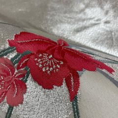 未使用［ 名古屋帯/ポリエステル ］東レシルック 生成り 菊 霞 芝草