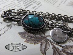 Indian jewelry turquoise necklace, sterling silver 925, Navajo style, oxidized curb chain, custom Morgan coin design (inca-ustqchain)