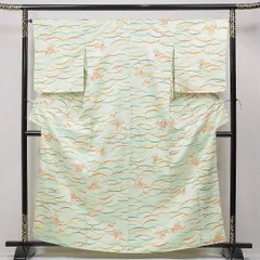 小紋 袷 身丈162cm 裄丈61cm ポリエステル 洗える着物 Bランク インフォーマル 広衿 Lサイズ 源氏車 菊 古典的 控え目 緑系 HP 1221-15806