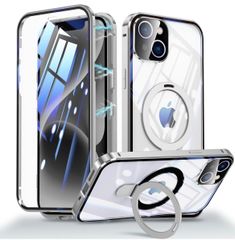 OURJOY iPhone 15 용 케이스 [양면 보호 + MagSafe 대응 + 잠금 식 + 다기능 일체 스탠드] 유리 케이스 클리어 360 ° 전면 보호 아이폰 15 스마트 폰 케이스 알루미늄 범퍼 풀 커버 카메라 렌즈 보호 와이아레스 휴대 케이스 실버