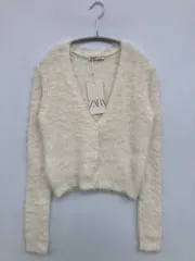 ZARA ザラ カーディガン/ボレロ L アイボリー ニット 無地 ショート丈 長袖 ナイロン