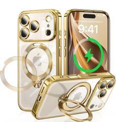 iPhone 17 Pro 용 케이스 MagSafe 대응 광택 CD 문양 링 360 ° 정점 회전 스탠드 종횡 양대 대응 머그 세이프 대응 도금 범퍼 반짝이 후면 클리어 정밀 개구 렌즈 보호 골드