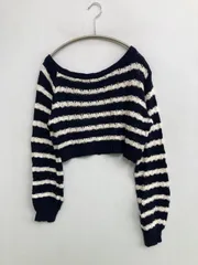 Heather ヘザー ニット/セーター F ネイビー コットン ナイロン ボーダー柄 ショート丈 長袖 Uネック