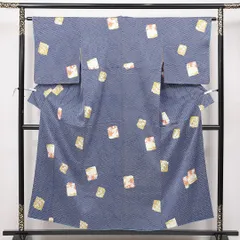 小紋 袷 身丈153cm 裄丈61cm 正絹 Bランク インフォーマル 広衿 Sサイズ 色紙 花柄 古典的 控え目 青系 HP 1221-15078