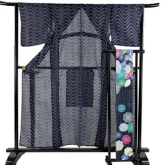 【美品】浴衣 身丈156cm 裄丈64cm M 絞り浴衣 浴衣セット よろけ縞 紺色 麻 名品 【中古】