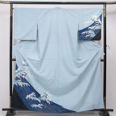 洗える着物 胴抜き袖単衣 絵羽柄【鮮やか青に金彩波頭】高級ポリ 舞台 