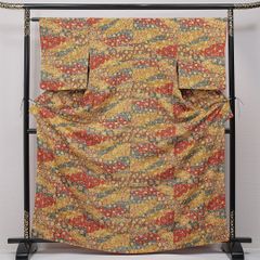 K中古美品 訪問着 襦袢セット 花鳥模様 金駒刺繍 茶色系□N80622-12
