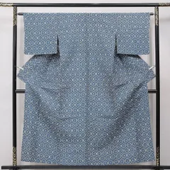 未使用品 紬 単衣 身丈157cm 裄丈62cm 正絹 Nランク カジュアル 広衿 Mサイズ しつけ糸 亀甲 古典的 粋 青系 RP 1223-15370