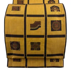 【美品】 袋帯 名品 木屋太 落款 格子 花鳥 山吹茶色 六通 正絹 【中古】のサムネイル