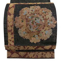【美品】 袋帯 名品 華文 花唐草 金糸 箔 黒 お太鼓柄 正絹 【中古】