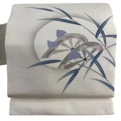 【美品】 名古屋帯 秀品 夏帯 絽 千鳥 葉柄 金彩 灰白 正絹 【中古】