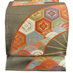 袋帯 秀品 関西仕立て 扇 有職文様 刺繍 金糸 金色 六通 正絹 【中古】