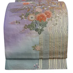 袋帯 秀品 秋草 縞 箔 金糸 灰緑 六通 正絹 【中古】