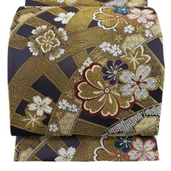 【美品】 袋帯 秀品 桜 片輪車 金糸 刺繍 濃紫 六通 正絹 【中古】