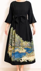 一点物 着物リメイク ロングワンピース ドレス 黒留袖 正絹 風景文